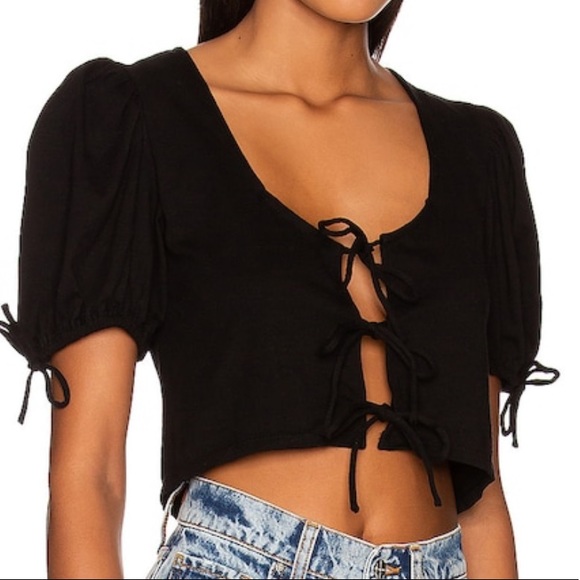 Free People Tops - Free People Kitty tee black tie front puff sleeve top NWT S